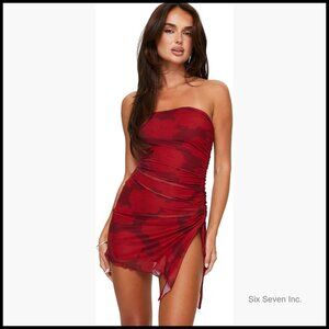 Strapless Floral Mini Dress with Leg Slit and Ruching